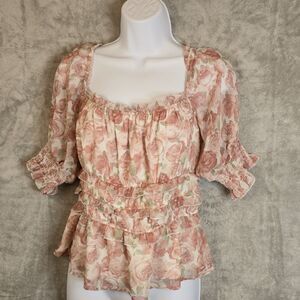 Floral Ruffle Peasant Blouse Pink Rose Print  Cottagecore Romantic Fairy Sz L